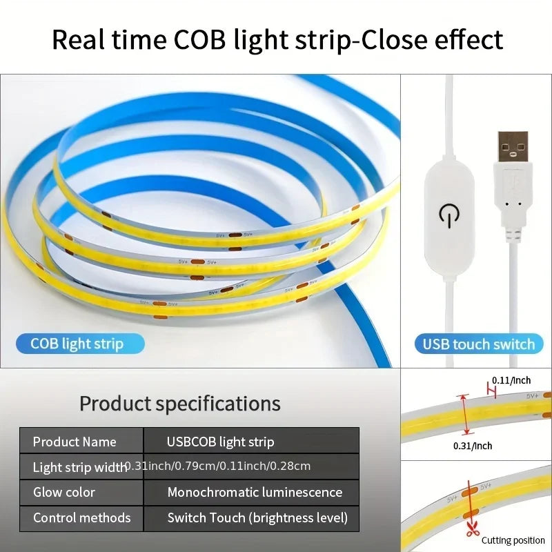 Touch Dimmable 5V USB COB LED Strip Light 5m